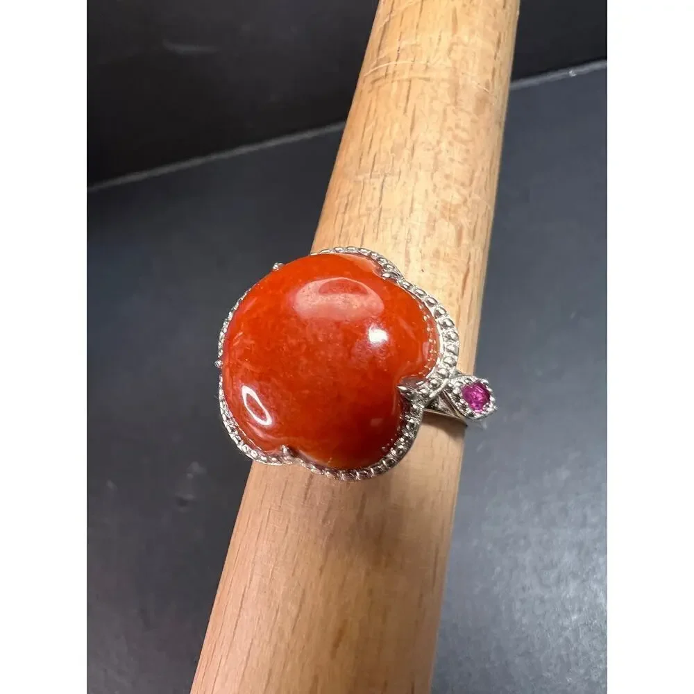 NEW cherry red jade and ruby blossom ring in rhodium over sterling silver size 6